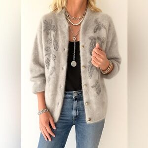 Soft grey metallic cord embroidered cardigan